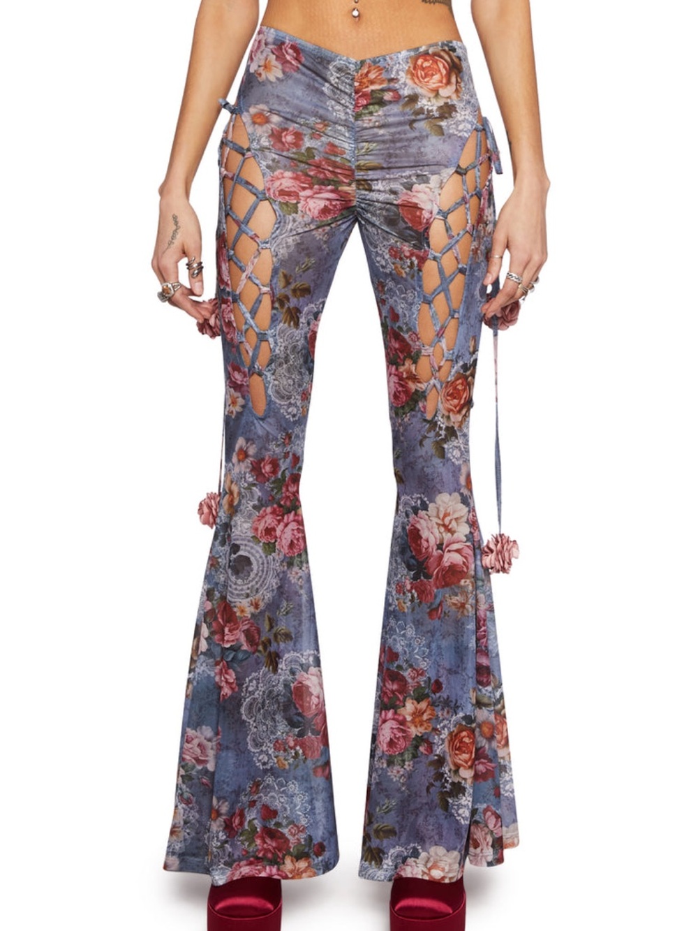 🌹 Current Mood Balcony Serenade Floral Lace-Up Flare Pants Size XL